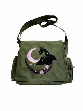 Olive Green Dragon Flip Top Messenger Bag With Adjustable Strap NWOT